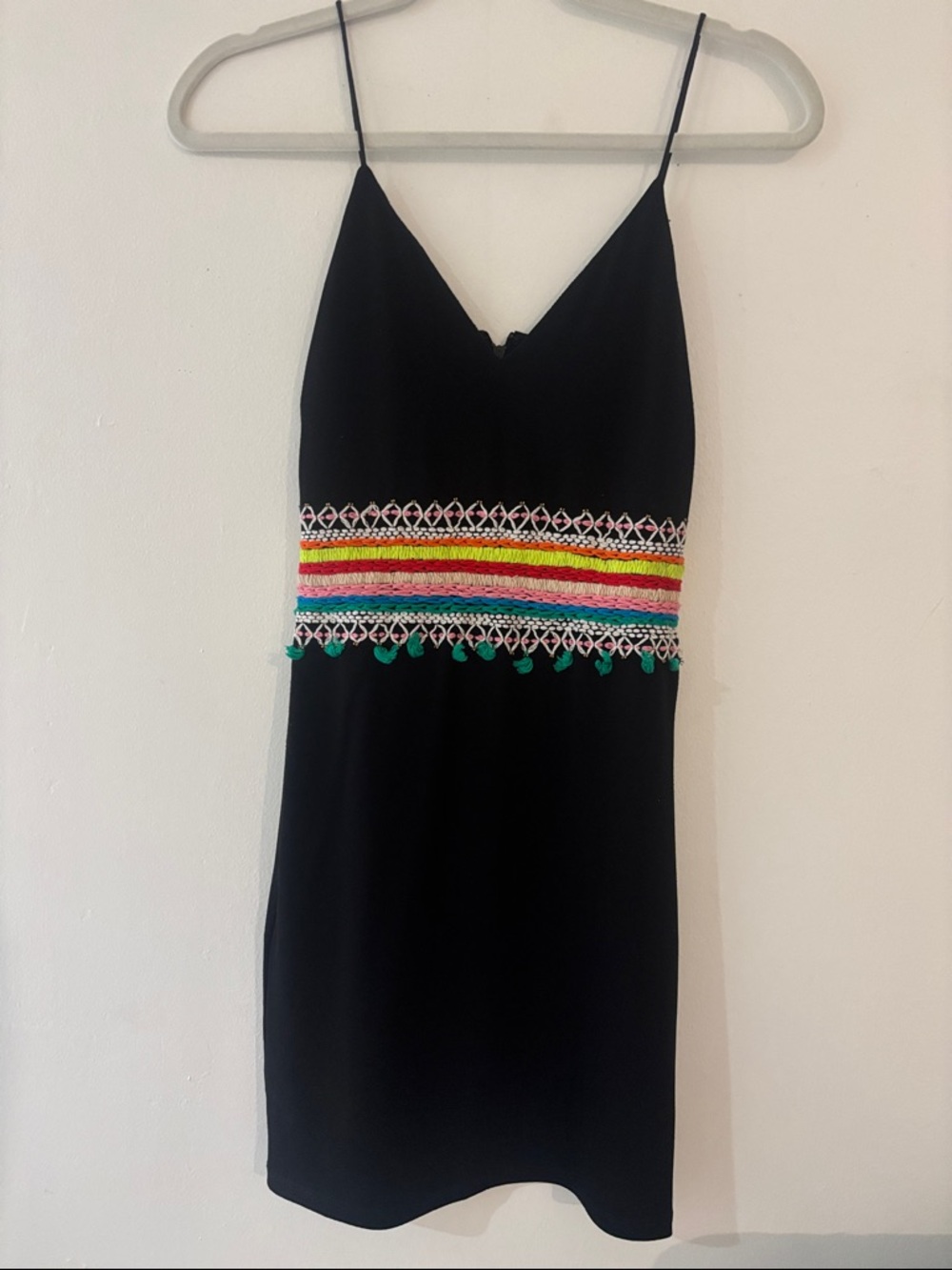 Alice + Olivia Black Mini Dress with Multicolor Embroidered Waist